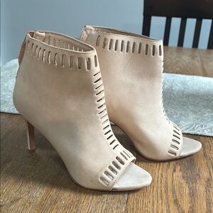 Loeffler Randall Cream Heeled Boots with Peep-Toe and Whipstitch Detail